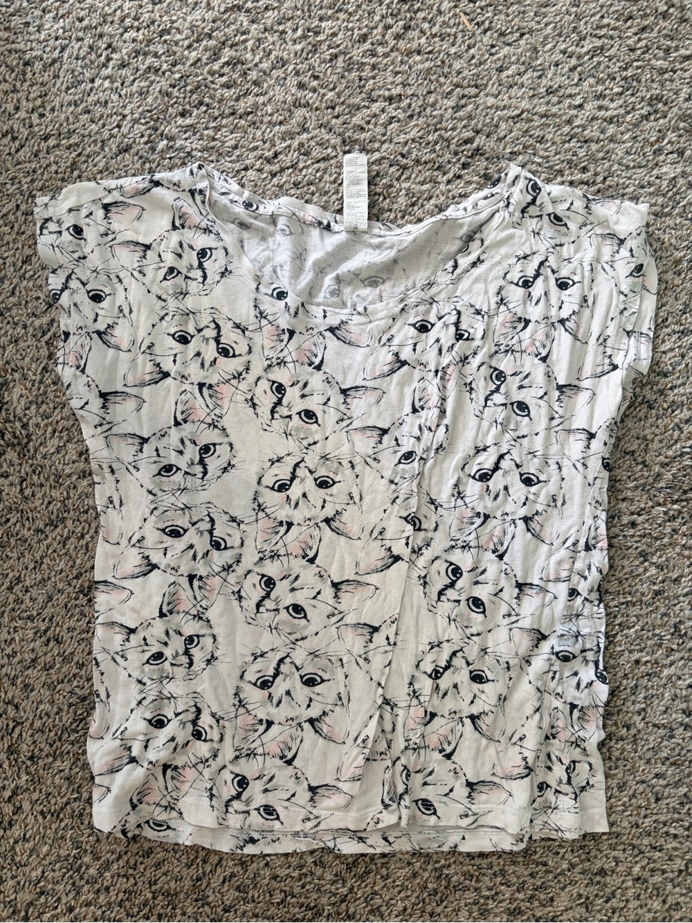 Forever 21 Cream Short Sleeve Top with Black Cat Face Print and Pink Highlights